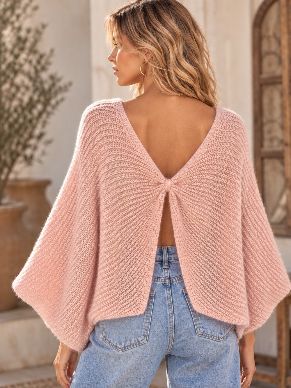 F03. From Italy 🇮🇹 Fuzzy Open-Back Knit Sweater Top - Pink